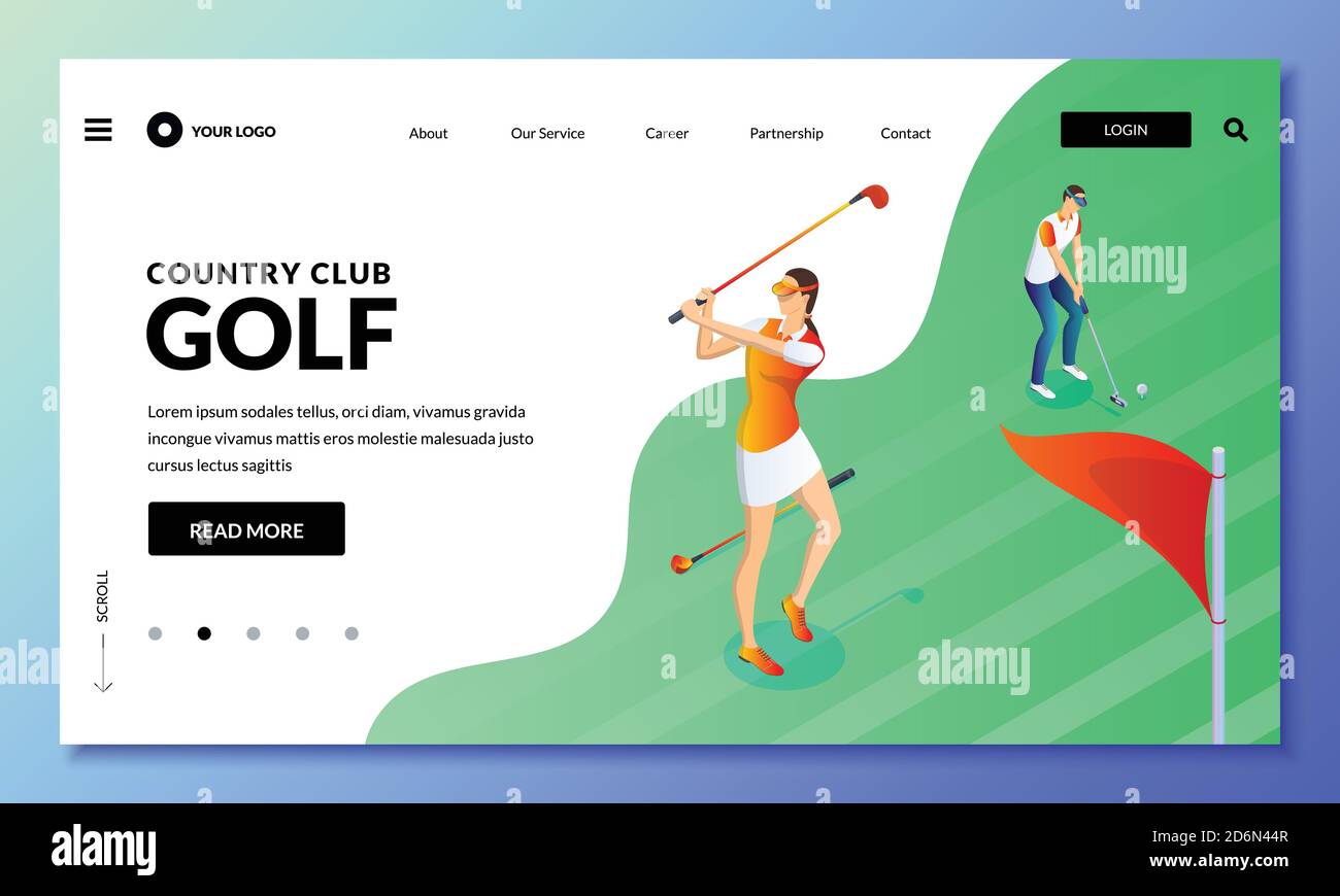 Mann und Frau spielen Golf auf dem grünen Feld. Isometrische Vektordarstellung. Vorlage für Landing Page oder Banner Design. Konzept für Freizeitaktivitäten im Freien. Stock Vektor