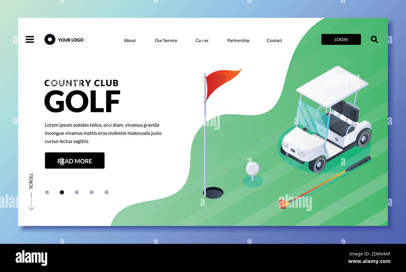 Golf Club Vektor isometrische Illustration. Landing Page oder Banner Layout. Golfwagen, Ball, Schläger auf dem grünen Feld. Moderne Website Design-Elemente. Stock Vektor