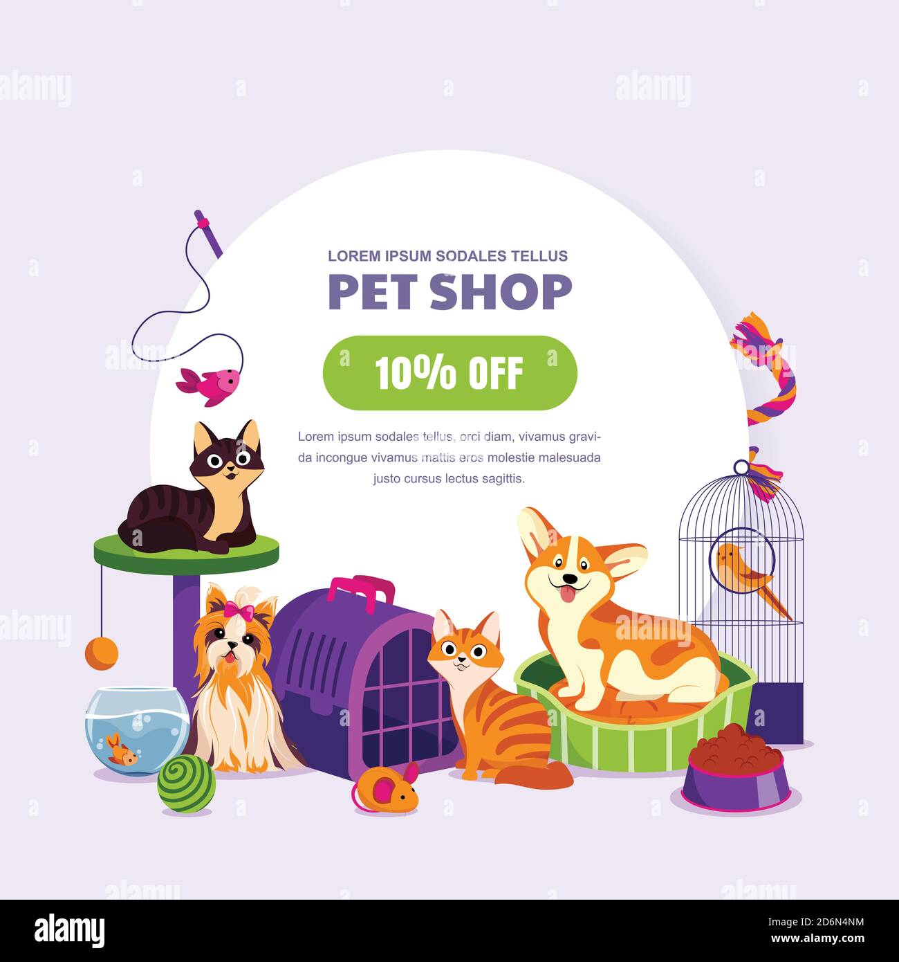 PET Shop Poster oder Banner Design Vorlage. Vektor-Cartoon-Illustration von Katzen, Hunde, Aquarienfische und kanarienvogel. Tierfutter, Zubehör und Spielzeug stor Stock Vektor