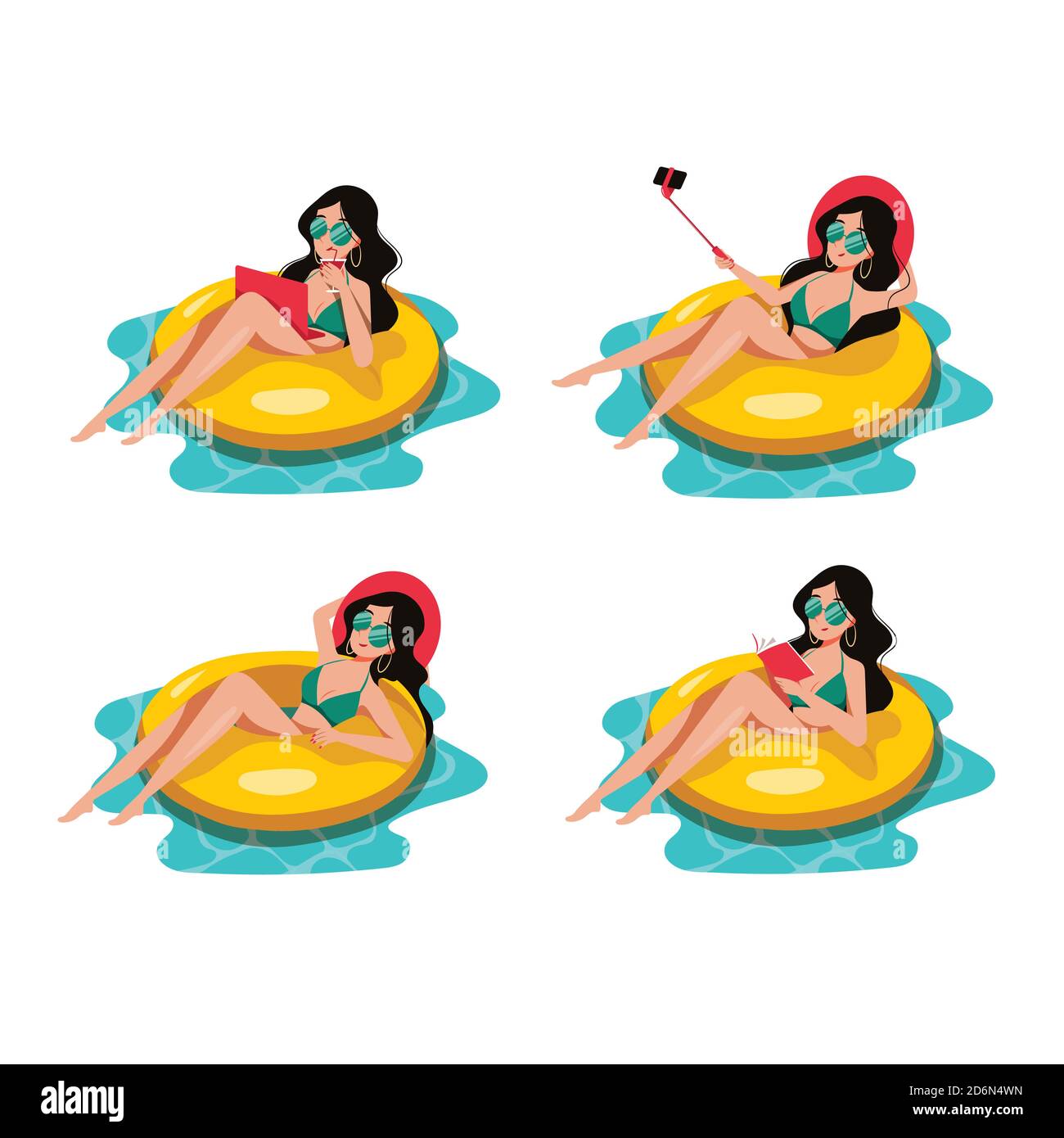 Glückliche junge Frau schwimmt auf gelben aufblasbaren Ring im Schwimmbad. Vektor flache Cartoon-Illustration-Set, isoliert auf weißem Hintergrund. Sommerstrand Stock Vektor