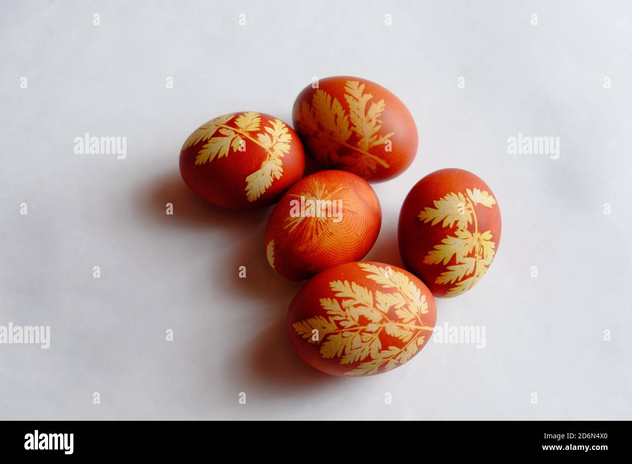 Bemalte Ostereier auf weißem Hintergrund. Florales Muster auf einer roten Eierschale. Festliche Speisen. Stockfoto