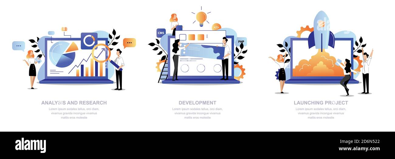 Projektentwicklungsschritte Geschäftskonzept. Kreative Leute Team machen Forschung, Analyse, Web-Design und Start-Start-up. Vektor flach Cartoon trendy il Stock Vektor