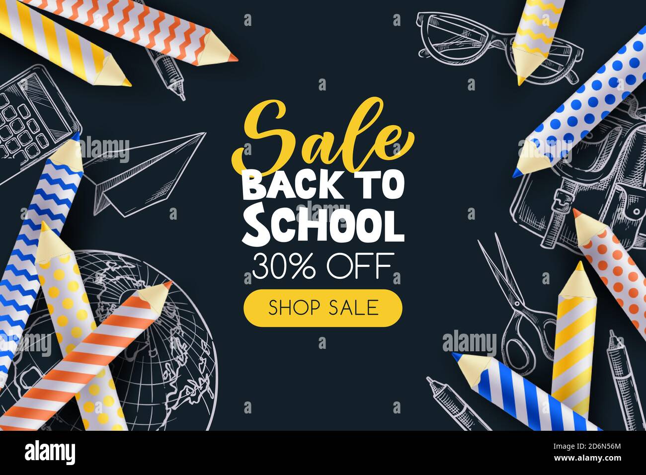 Zurück zur Schule Verkauf Poster, Banner Design Vorlage. Vektor 3d Illustration von Bleistiften und Skizze Schulbedarf auf Tafel Hintergrund. Minimale Mod Stock Vektor