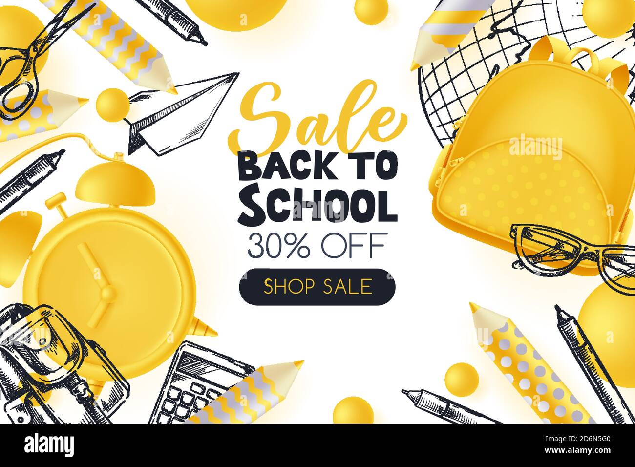 Zurück zur Schule Verkauf Poster, Banner Design Vorlage. Vektor 3d Illustration von gelben Rucksack, Bleistifte, Wecker und Skizze Schulbedarf auf whit Stock Vektor