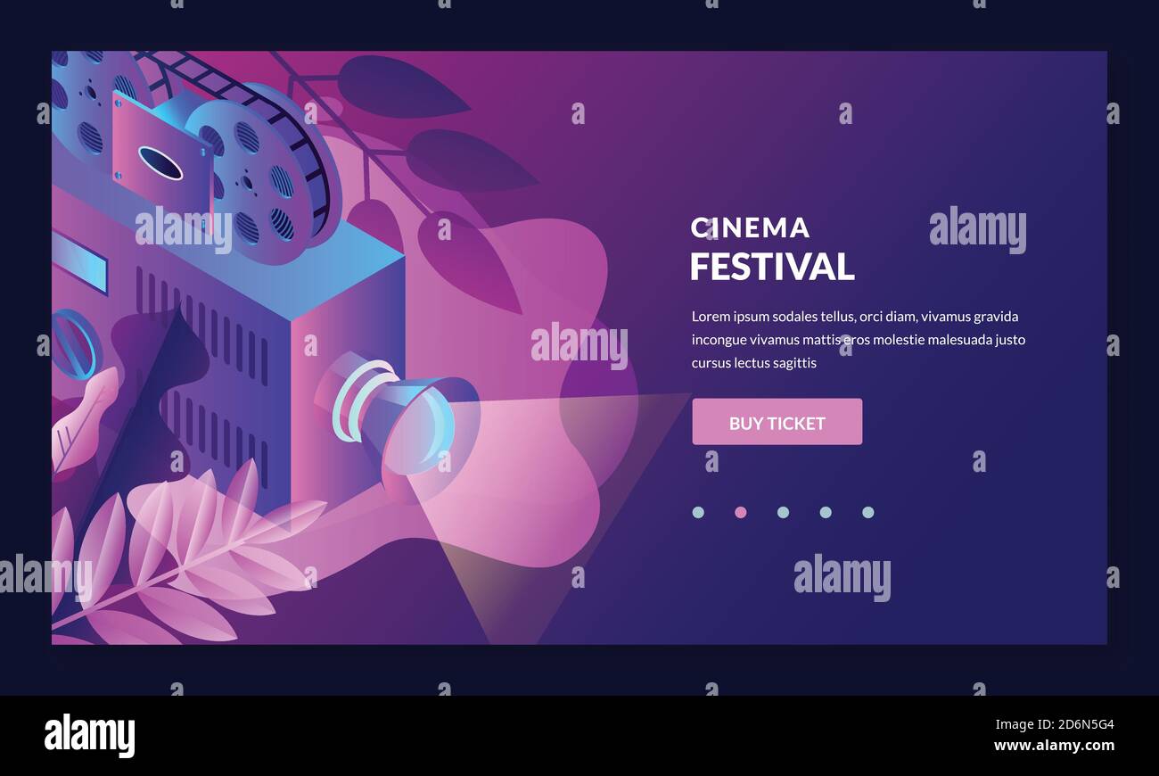 Cinema Night Neon Gradient Illustration. Vektor 3d isometrische Design-Elemente für Web Landing Page, App. Filmfestival Banner, Poster Vorlage. Stock Vektor