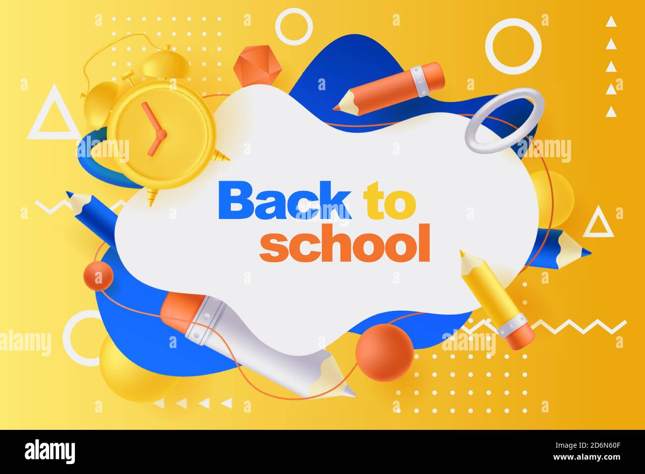 Zurück zur Schule Poster oder Banner Design Vorlage. Vektor 3d Illustration von mehrfarbigen Bleistiften, Wecker und Kunststoff geometrischen Formen fliegen herum Stock Vektor