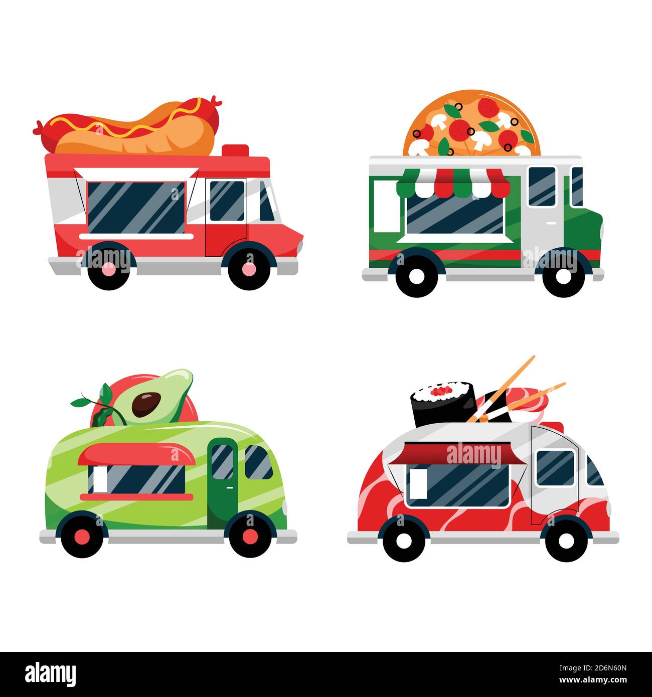 Food Trucks Set, isoliert auf weißem Hintergrund. Vektor flache Cartoon-Illustration. Street Food Festival und Catering Business, Ikonen und Design-Elemente Stock Vektor