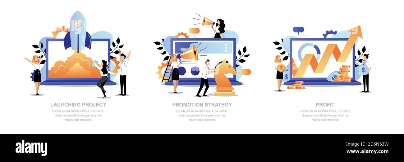 Projektförderung und digitale Marketingstrategie Geschäftskonzept. Kreative Leute Team starten Startup, fördert und Gewinn zu bekommen. Vektor flach Karikatur t Stock Vektor