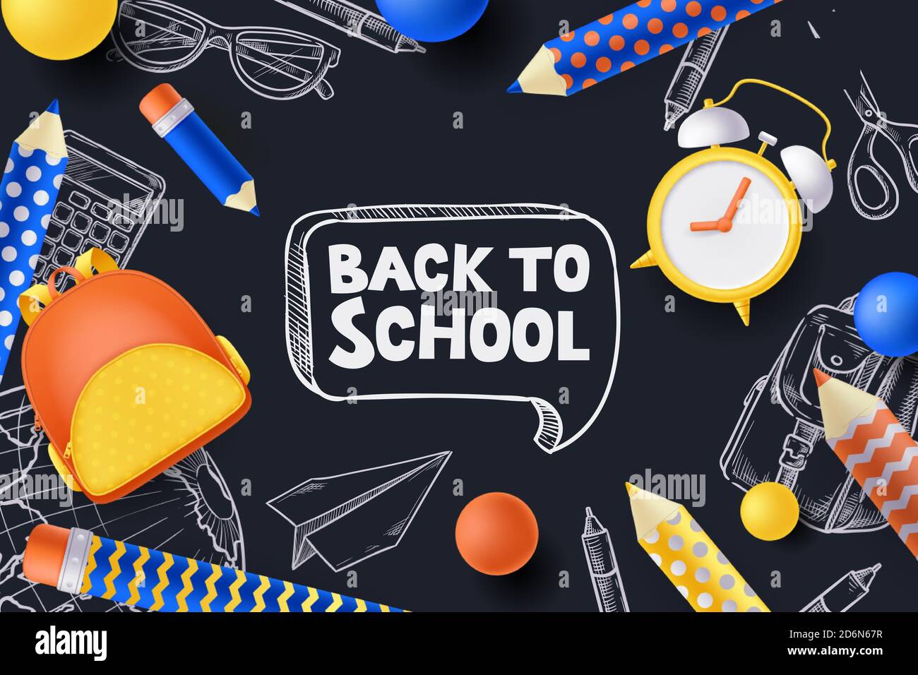 Zurück zur Schule Verkauf Poster, Banner Design Vorlage. Vektor 3d Illustration von Rucksack, Bleistifte, Wecker und Skizze Schulbedarf auf Tafel Stock Vektor