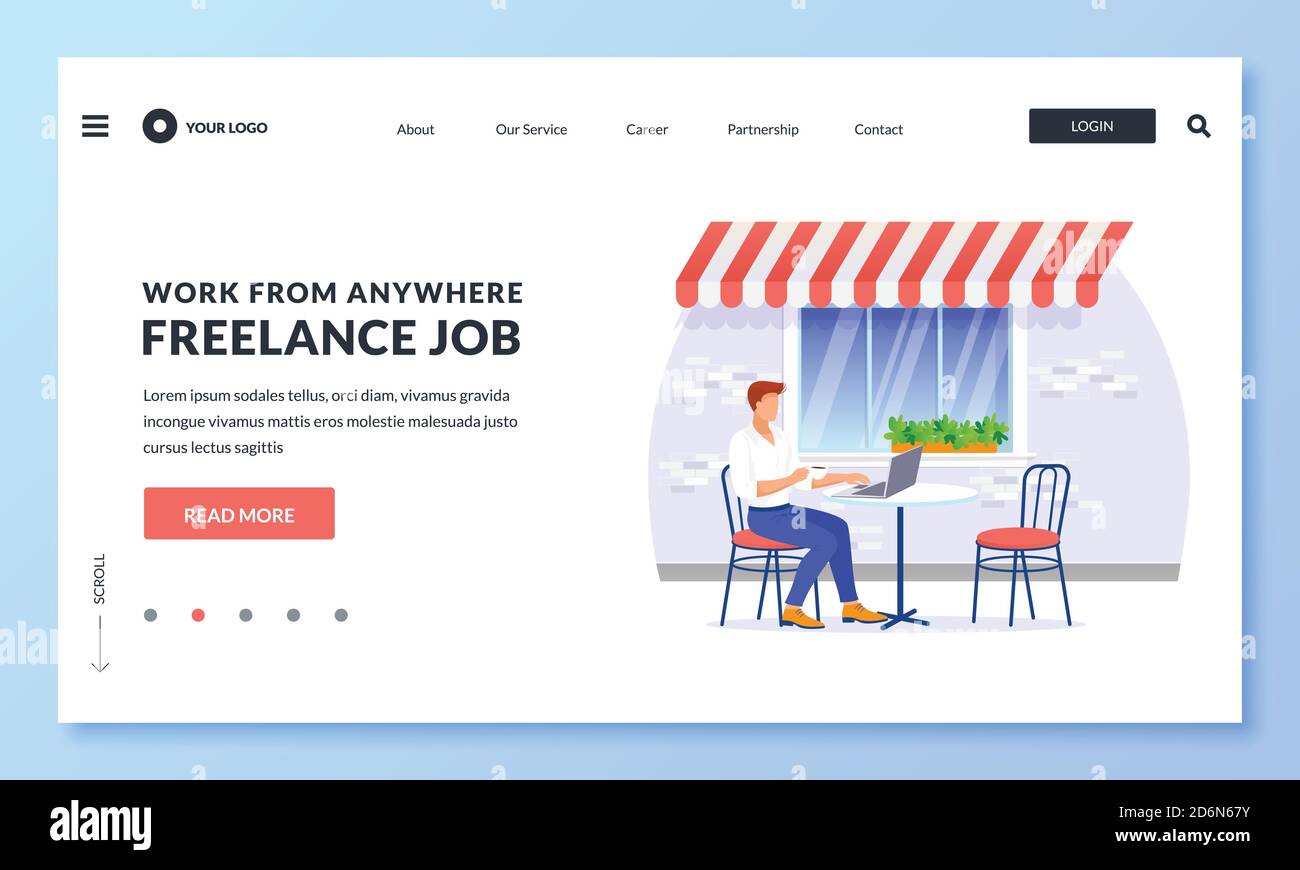 Junge freiberufliche Unternehmer arbeitet auf Laptop am Tisch im Straßencafé. Vektor moderne Illustration für Web Landing Page, Banner, Poster Design. Entfernt Stock Vektor