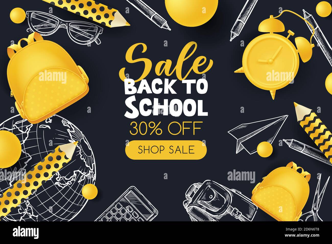 Zurück zur Schule Verkauf Poster, Banner Design Vorlage. Vektor 3d Illustration von gelben Rucksack, Bleistifte, Wecker und Skizze Schulbedarf auf blac Stock Vektor