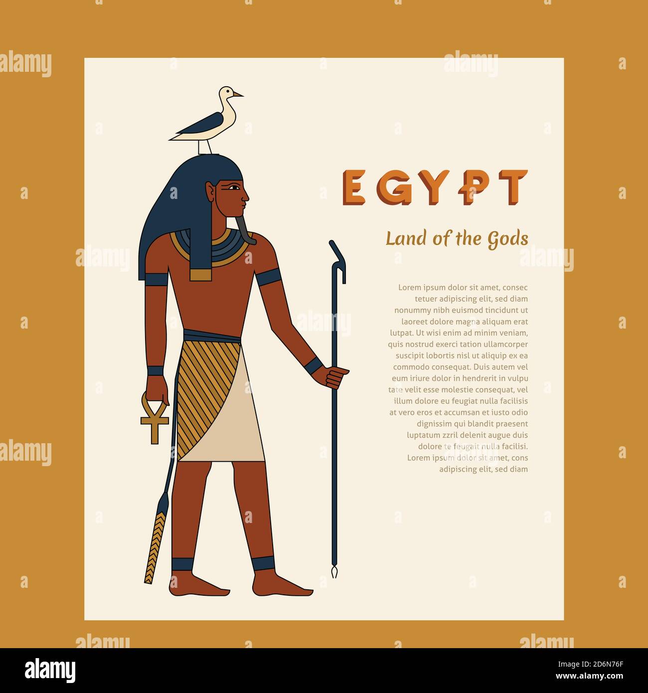 Ägyptischer alter gott deb oder Keb. Der Mann hält einen Stab. Auf dem Kopf sind Vogel. Anch. Vektorgrafik. Stock Vektor