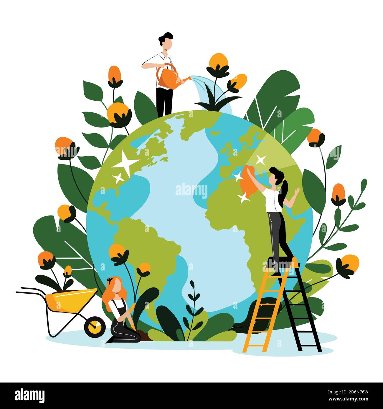 Umwelt, Ökologie, Naturschutz Konzept. Junge Freiwillige kümmern sich um den Planeten Erde und die Umwelt Natur. Vektor flache Cartoon-Illustration Stock Vektor