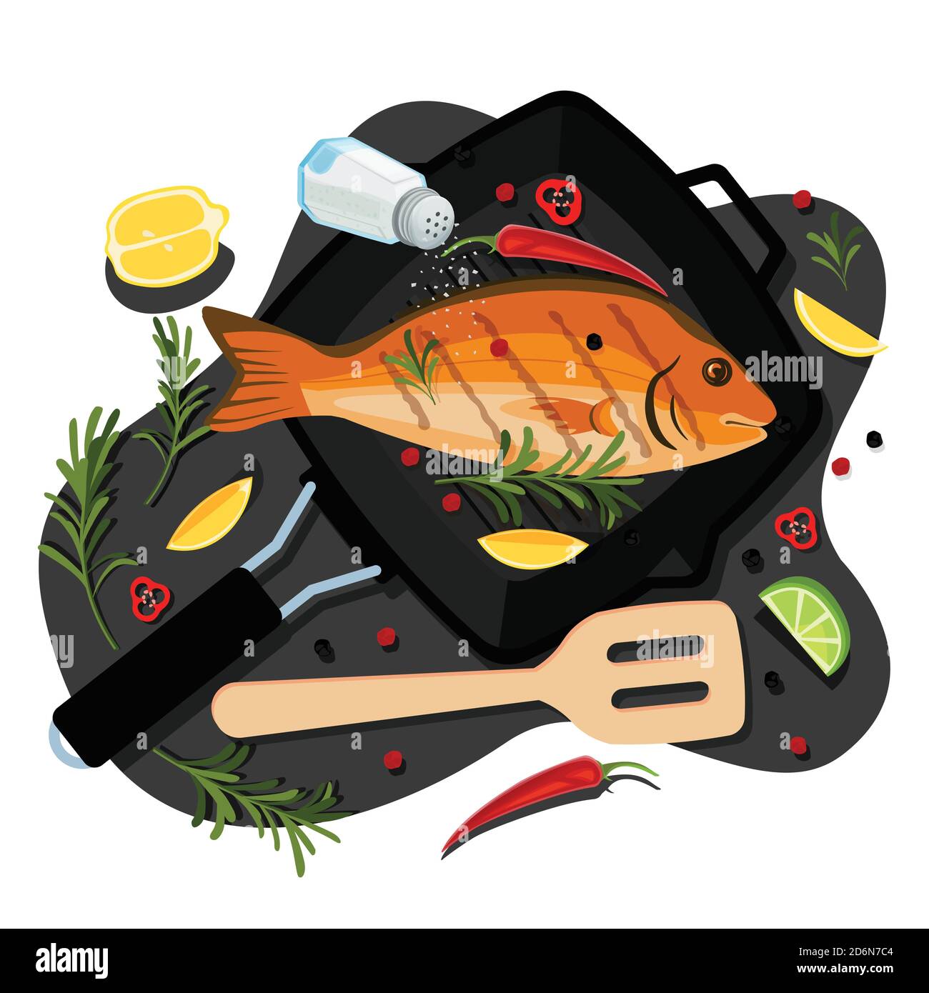 Kochen Fisch dorado, Thunfisch, Forelle, Vektor flach Cartoon Draufsicht Illustration. Schwarze Grillpfanne mit gebratener Seebrasse, Gewürzen und Zutaten. Meeresfrüchtegerichte Stock Vektor