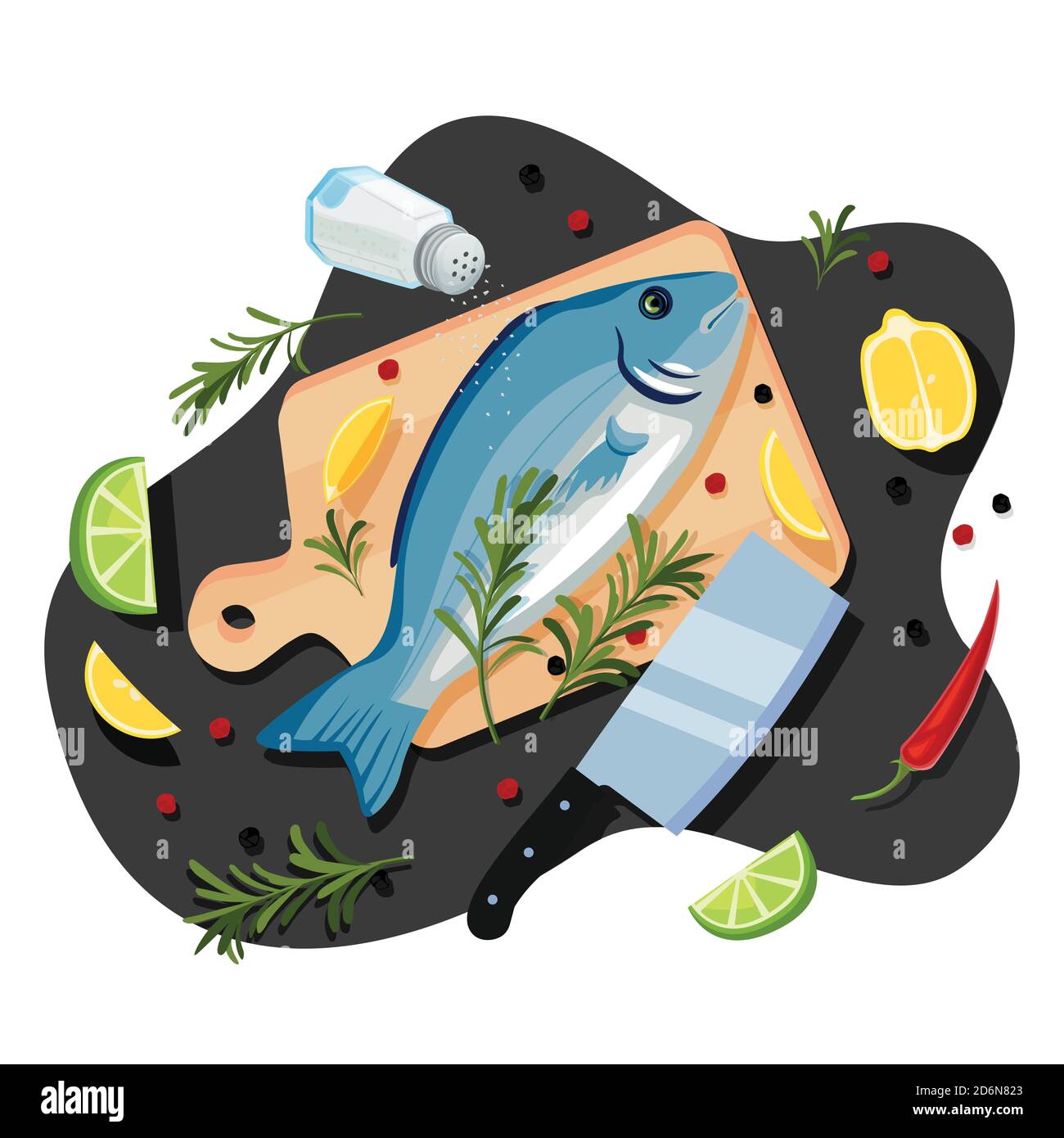 Kochen Fisch dorado, Thunfisch, Forelle, Vektor Cartoon Draufsicht Illustration. Schwarzer Küchentisch Hintergrund mit Seebrasse auf Schneidebrett, Gewürzen und ING Stock Vektor