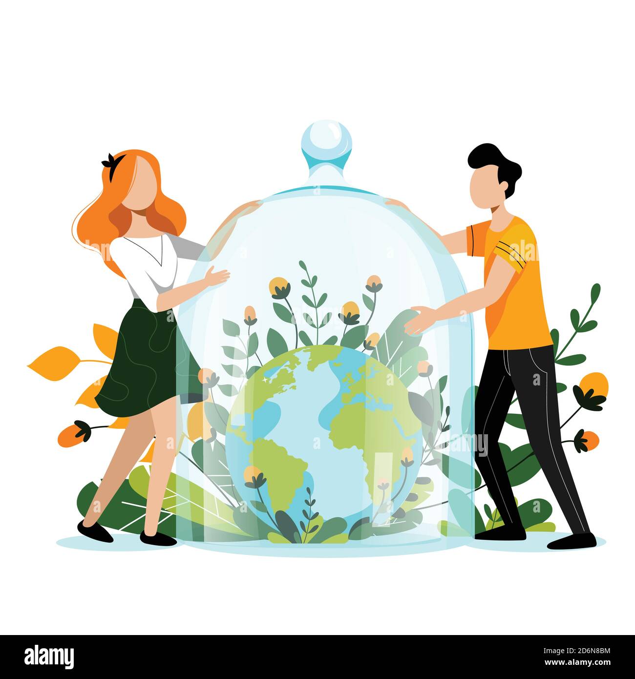 Pflege und Rettung Erde Planet Konzept. Menschen halten Schutzglas Kuppel über der Erde. Umwelt, Ökologie, Naturschutz Vektor Flat Auto Stock Vektor