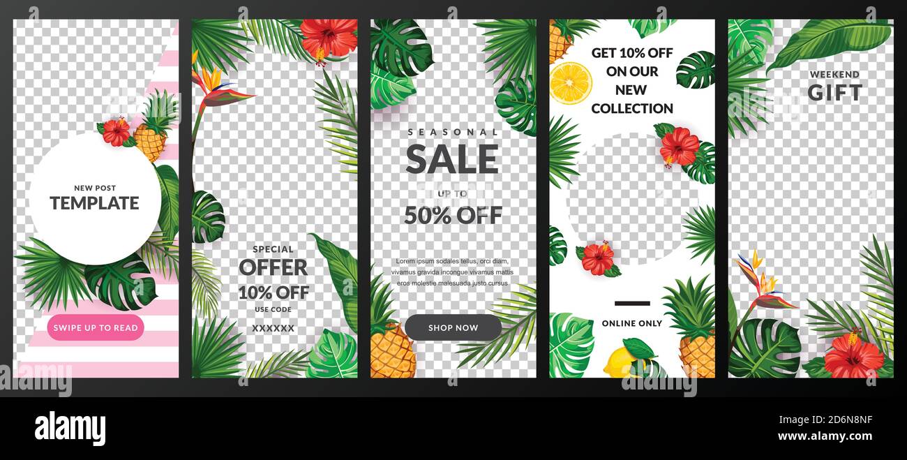 Geschichten, Nachrichten oder Post-Vektor-Vorlage für soziale Netzwerke. Geschichte tropischer Hintergrund. Trendige Sommer-Design für Mode Verkauf und Sonderangebote Flyer. Stock Vektor
