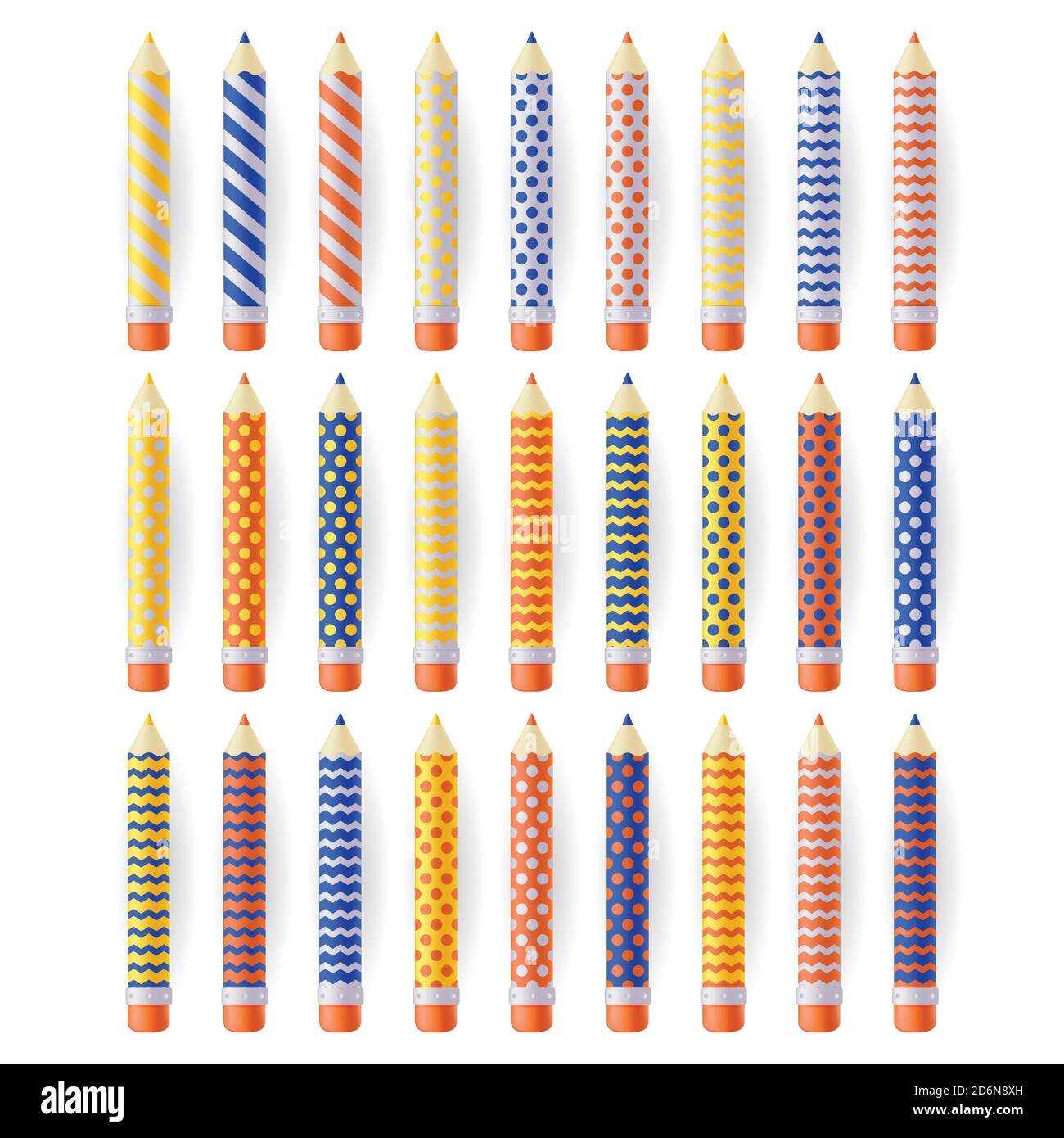 Mehrfarbige realistische Bleistifte mit geometrischen Mustern, isoliert auf weißem Hintergrund. Schule Bildung Kunst liefert set. Vektor-3d-Illustration. Stock Vektor