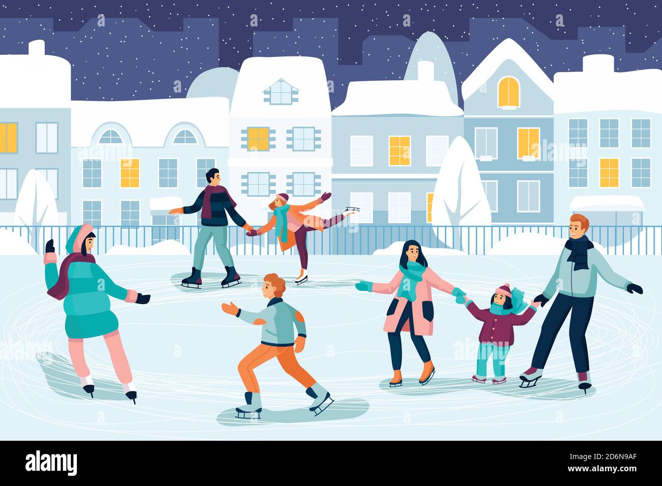 Glückliche junge Leute beim Schlittschuhlaufen. Paare, Kinder und Familie verbringen Zeit auf der Eisbahn. Vektor flache Cartoon-Illustration. Outdoor-Aktivitäten im Winter und Meer Stock Vektor