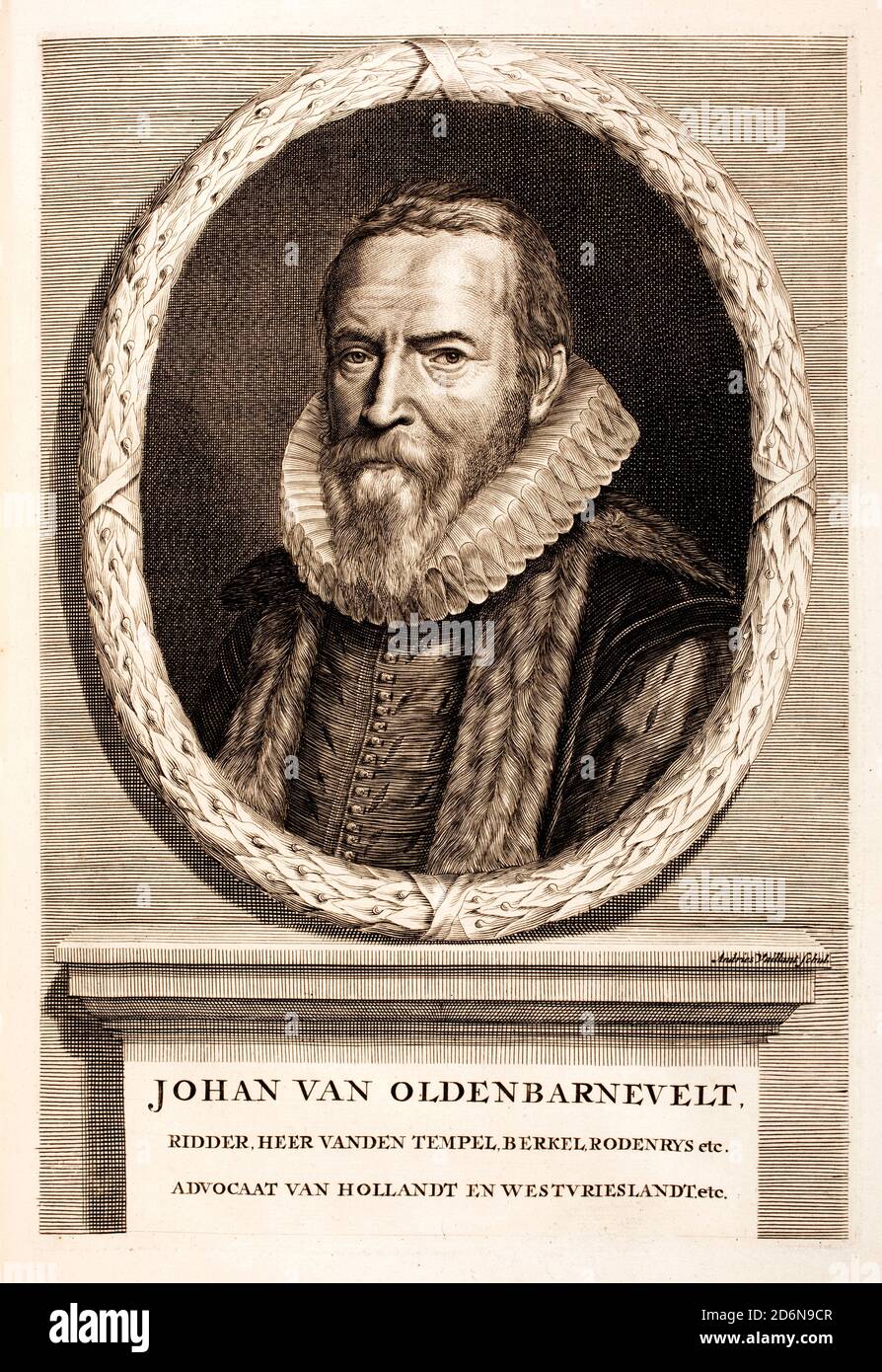 Johan van Oldenbarnevelt, der Gründer der Dutch East Indies Company. Die "United East India Company" oder "United East Indies Company" (auch bekannt unter der Abkürzung "VOC" auf Niederländisch) (1547 – 1619) niederländischer Staatsmann, der eine wichtige Rolle im niederländischen Kampf um die Unabhängigkeit von Spanien spielte. Stockfoto