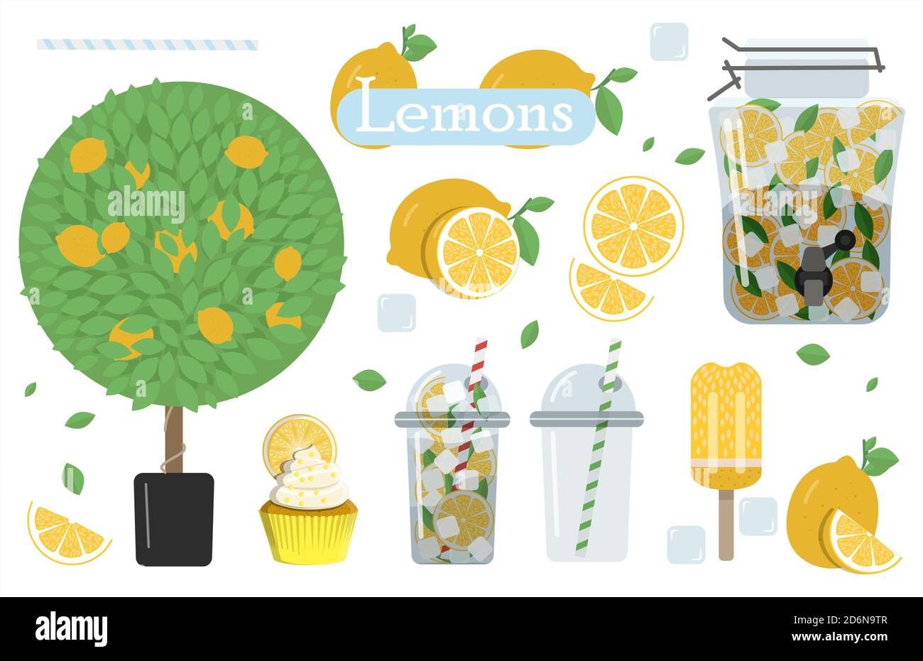 Eine Reihe von flachen Bildern mit Zitronen und Limonade. Vektor-Illustration eines Glases Limonade mit Eis und Minze zum Mitnehmen, Zitronen geschnitten und ganz, Zitronenbaum, Kuchen und Eis. Ein Set aus allen Arten und Produkten von Zitrone. Sommer-Set mit Limonade und Zutaten. Zitrone, Minze, Krug, Eis, Glas Stock Vektor