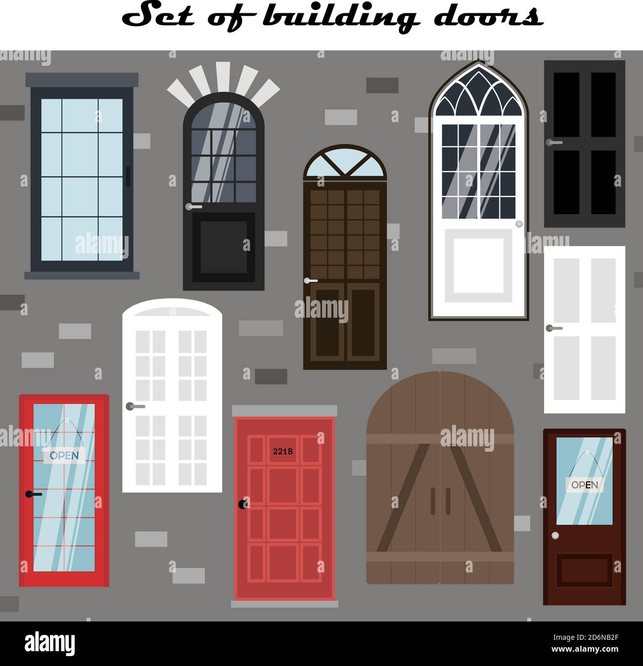 Satz von Vektor-Türen für Gebäude. Flache Darstellung von verschiedenen Typen, Designs und Stilen von Türstrukturen. Die Fassade des Gebäudes im Empire, moderner, klassischer Stil. Vektor für die Erstellung von Heimbildern auf Isolation, zu Hause bleiben während Quarantäne. Illustrationen für die Gestaltung von Fassaden, Straßen und Außen des Gebäudes, im Freien. Stock Vektor