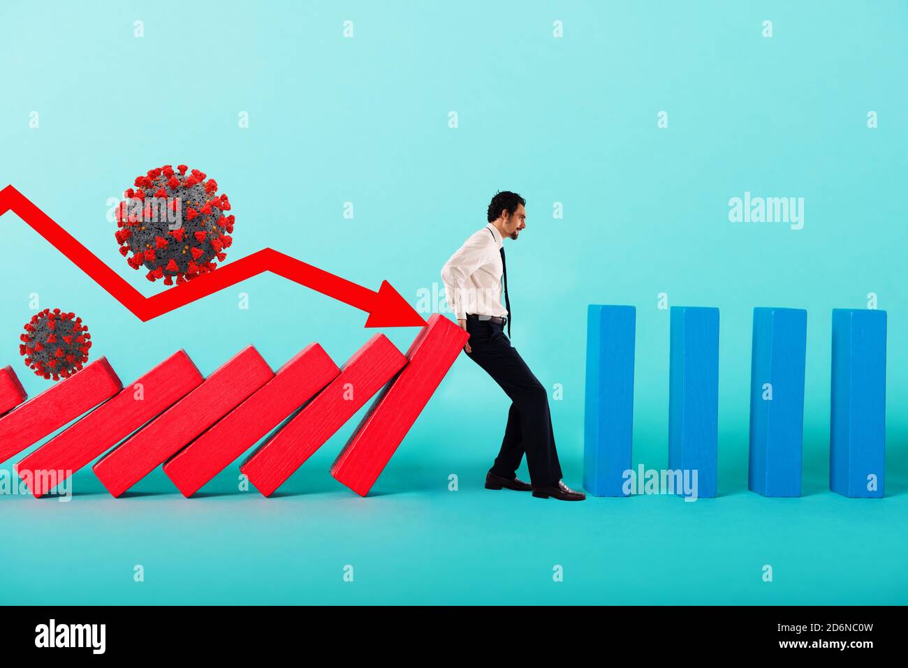 Konzept von covid19 Coronavirus Pandemie mit fallenden Kette wie ein domino Spiel und abnehmende Statistik Pfeil Stockfoto