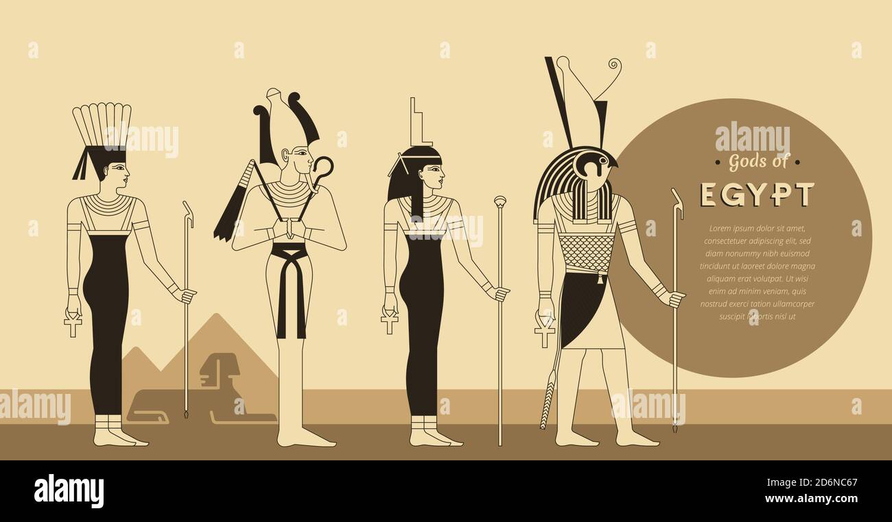 Eine Vintage-Sammlung von Vektor-Illustrationen der alten ägyptischen Götter und Göttin Anuket, Osiris, Isis und Horus aus dem Ankh. Stock Vektor