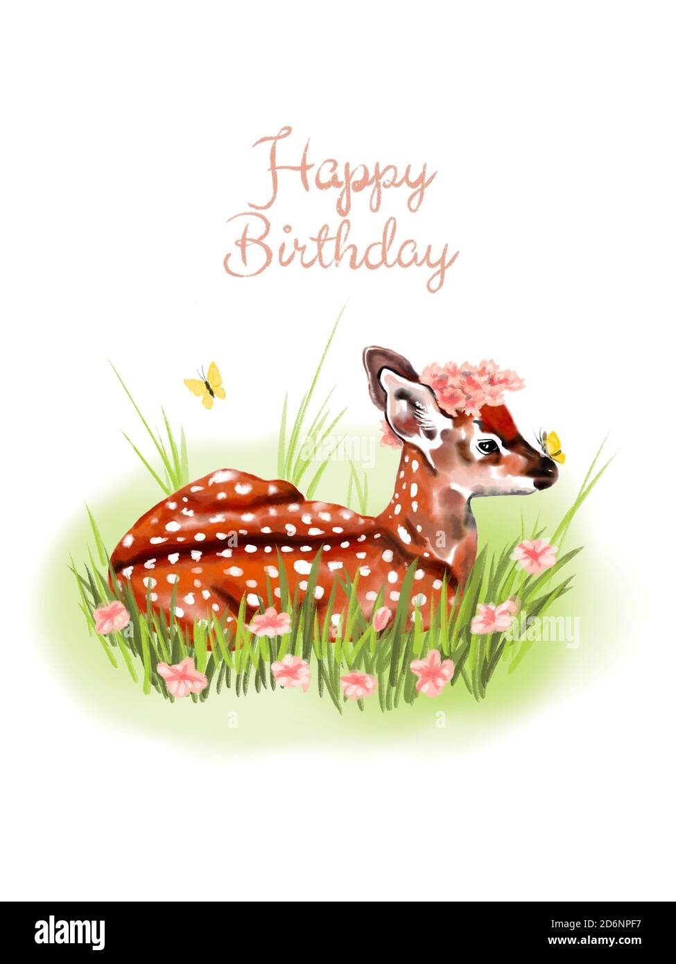 Alles gute zum Geburtstag Frühling/Sommer Postkarte. Auf weißem Hintergrund: Kleine Hirsche, die auf grünem Gras liegen, verziert mit Blumen. Isoliert. Bembi Aquarell Stockfoto