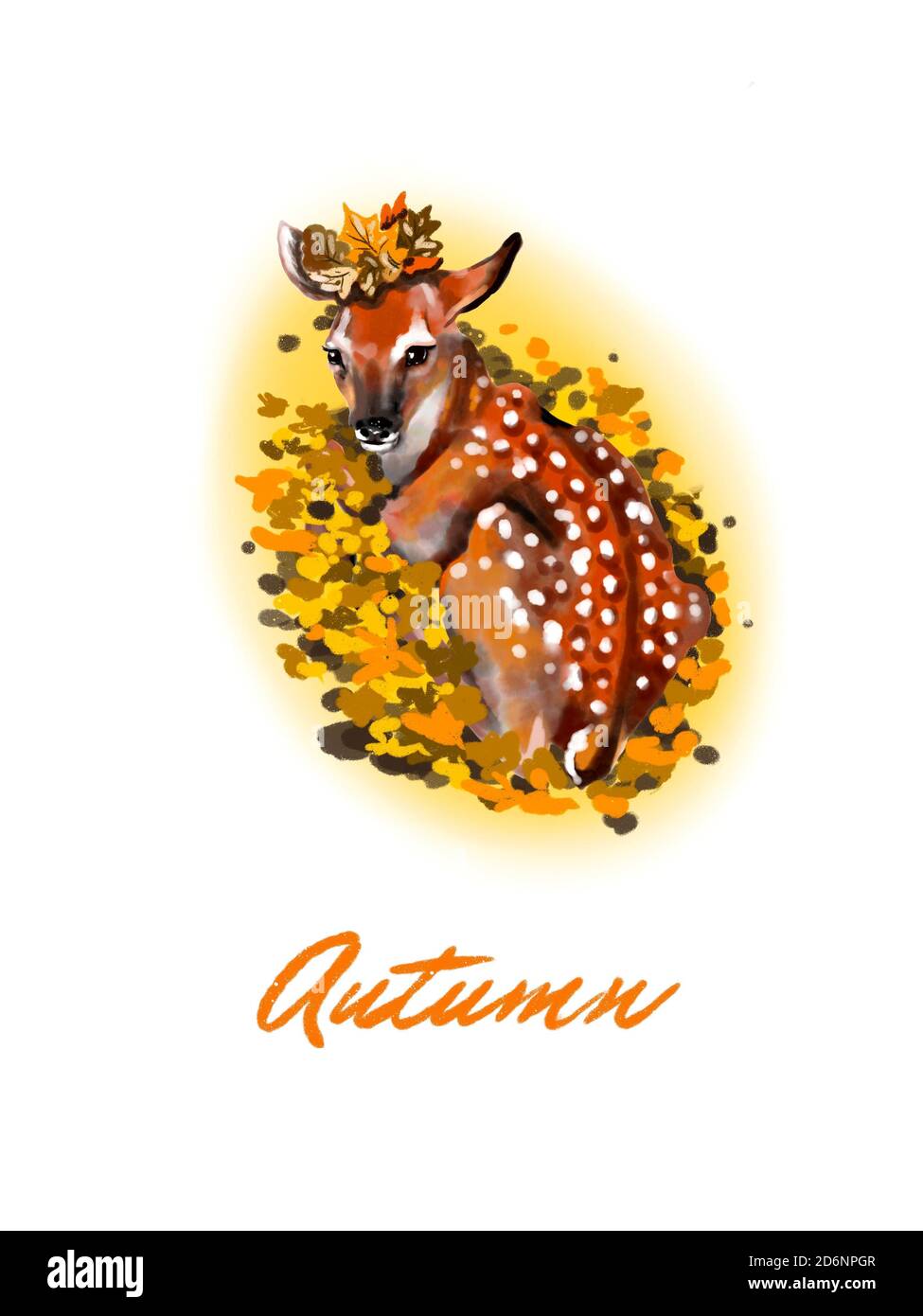 Leere Herbstpostkarte. Auf weißem Hintergrund: Hirsch auf gelben Blättern, nicht verziert, isoliert. Bembi Aquarell. Stockfoto