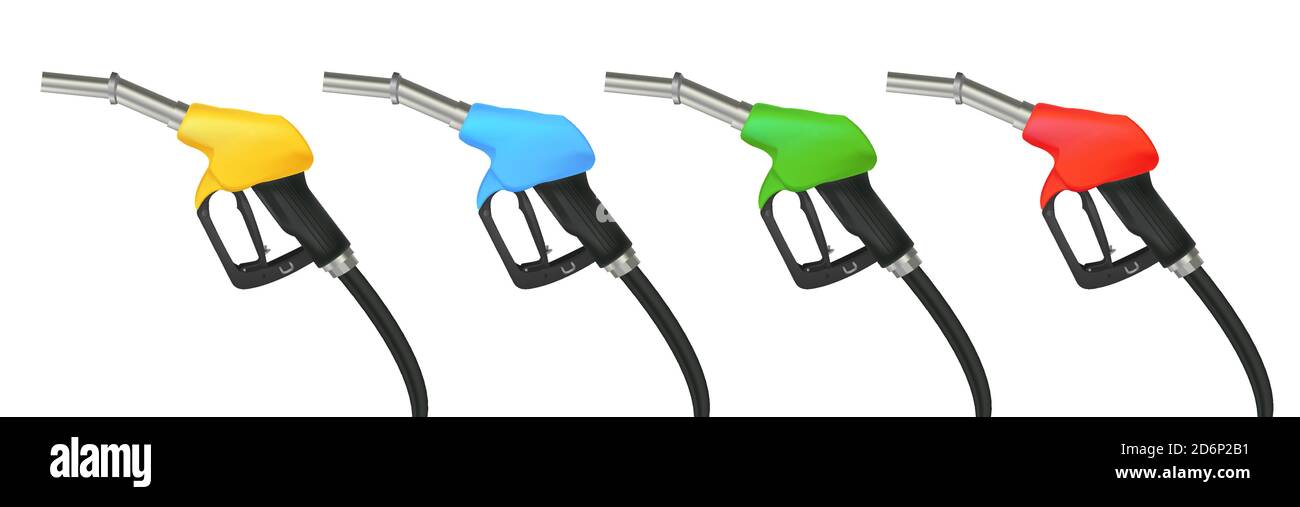 Set von realistischen Vektor-Illustration von Gaspistole, Benzin-Zapfsäule in verschiedenen Farben mit Metalldüse und schwarzem Griff Stock Vektor