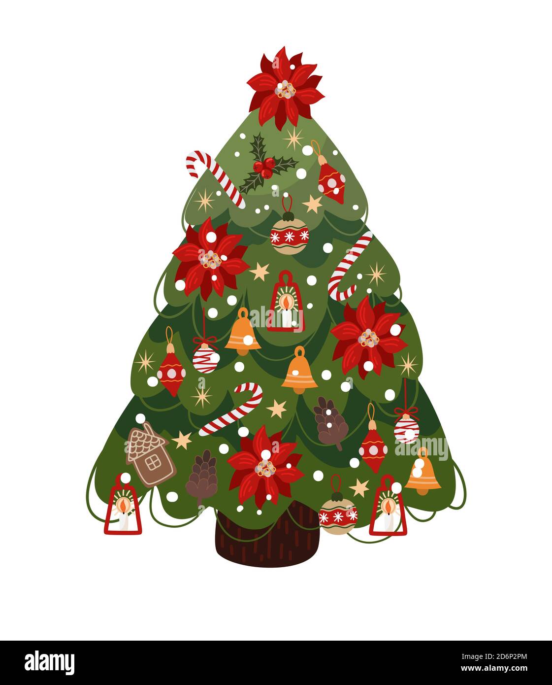 Geschmückter Weihnachtsbaum isoliert. Vektor Cartoon flache Illustration. Stock Vektor