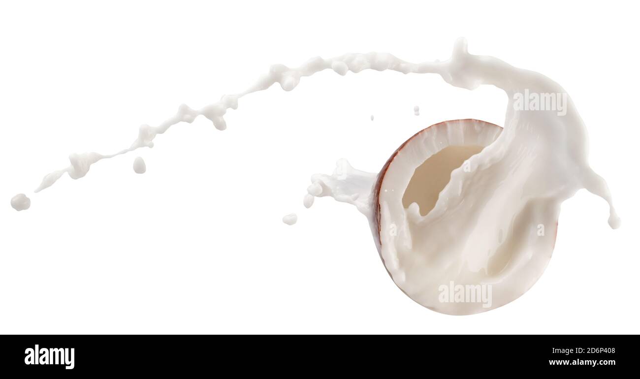 Hälfte der Kokosnuss mit Milch Spritzer isoliert auf einem weißen Hintergrund. Stockfoto