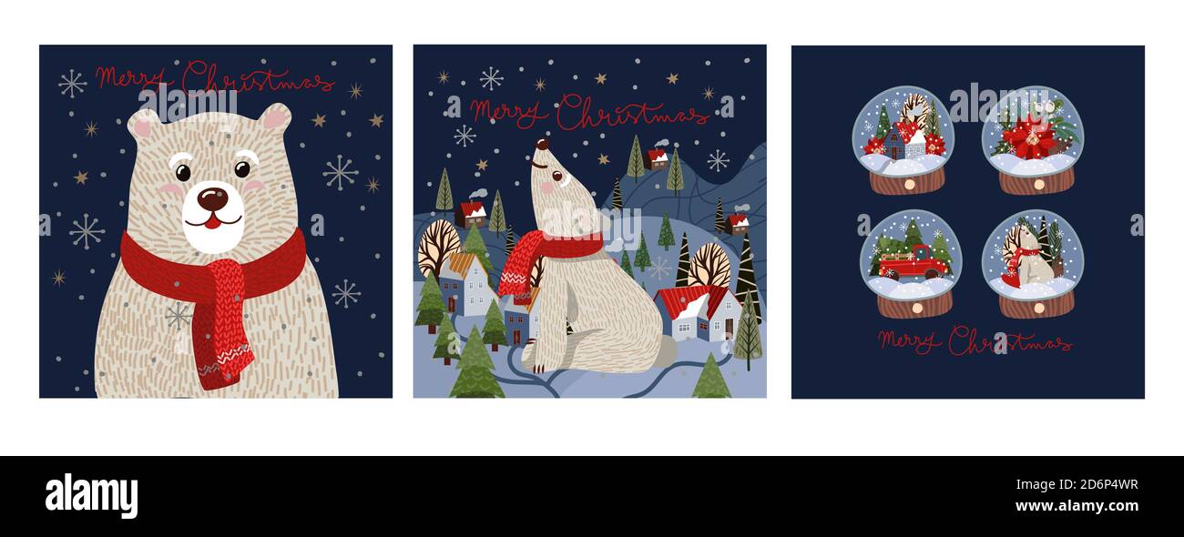 Set von Weihnachtskarten mit einfachen niedlichen Illustrationen von Eisbär, Weihnachtsmann und Urlaubsdekor. Vektor. Stock Vektor