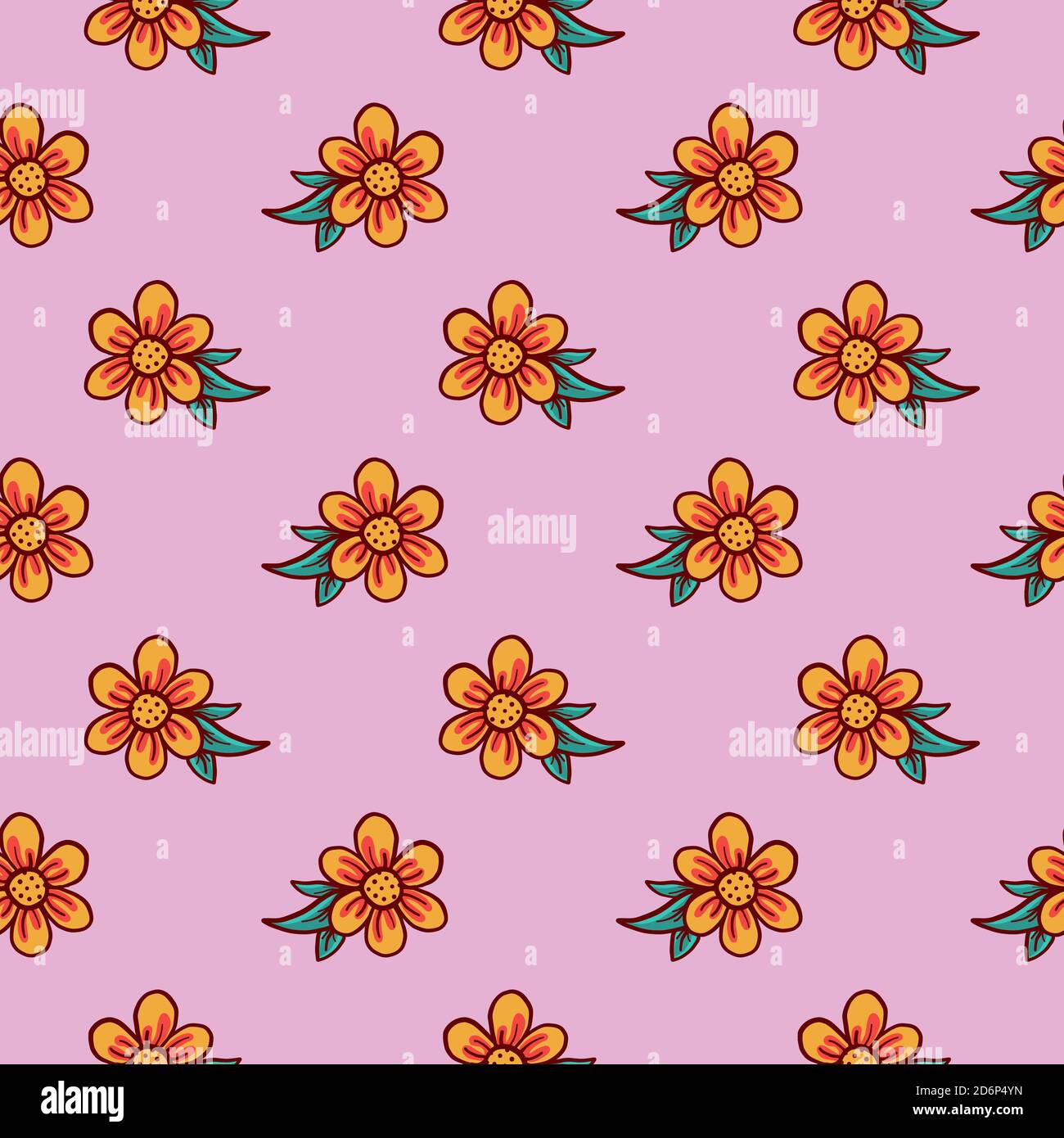 Orange Blüten, nahtlose Muster auf violettem Hintergrund. Stock Vektor