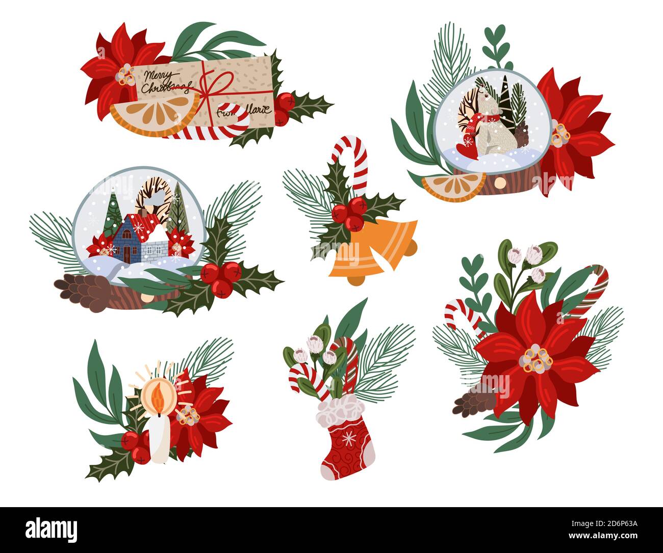 Weihnachtsdekor wie Tannenzweig, Glaskugel, Weihnachtsstern, Tannenzapfen und mehr. Vektorgrafik flach. Stock Vektor