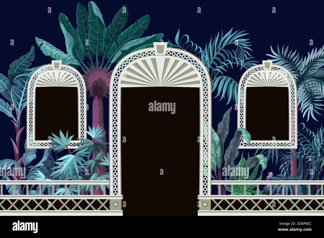Muster mit tropischen Bäumen und Türöffnungen in einem Garten Stil Stock Vektor