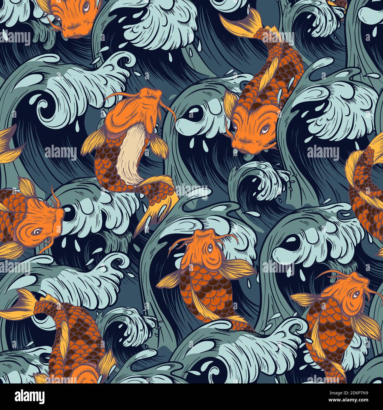 Nahtloses Muster mit Fisch Koi. Japanischer Vintage-Druck Stock Vektor