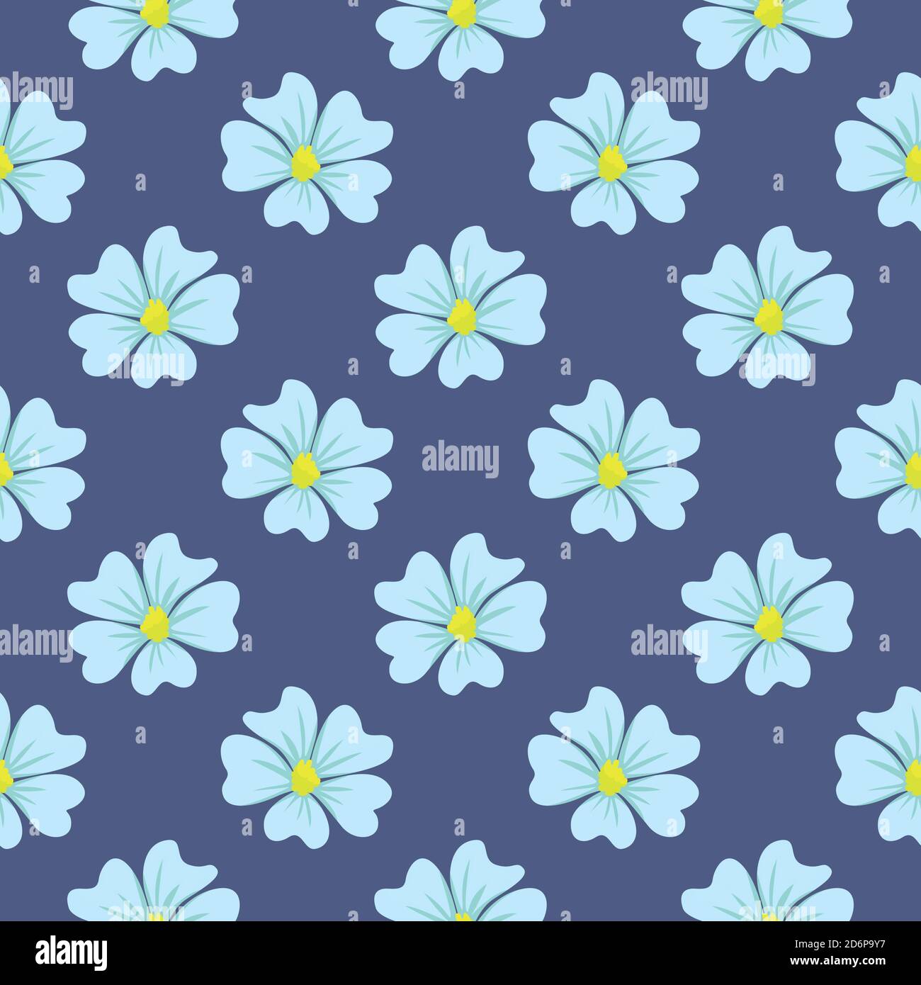 Blaue minimale Blumen, nahtlose Muster auf dunkelblauem Hintergrund. Stock Vektor