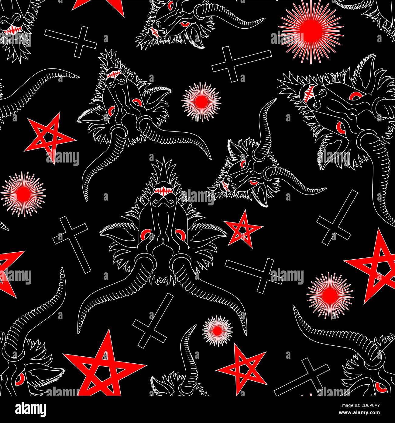 Baphomet Dämon Muster nahtlos. Satanischer Hintergrund. Satan mit Ziegenkopf Ornament. Teufel Symbol Pentagramm Textur Stock Vektor