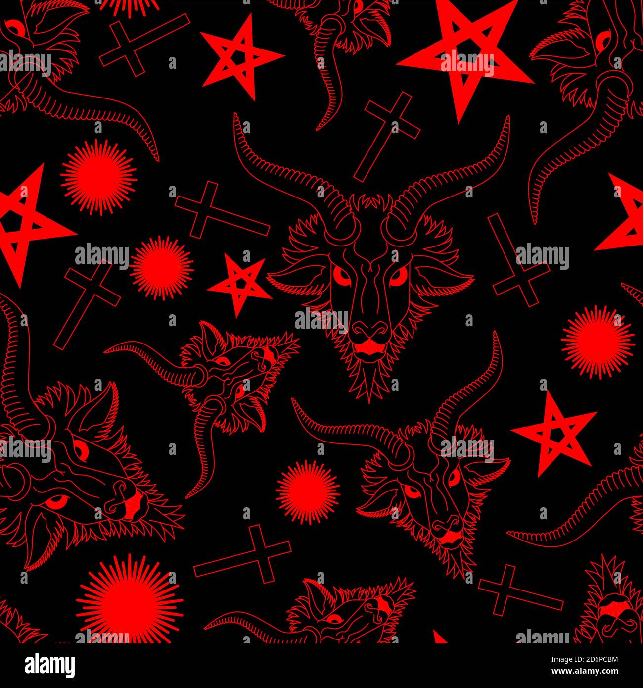 Baphomet Dämon Muster nahtlos. Satanischer Hintergrund. Satan mit Ziegenkopf Ornament. Teufel Symbol Pentagramm Textur Stock Vektor