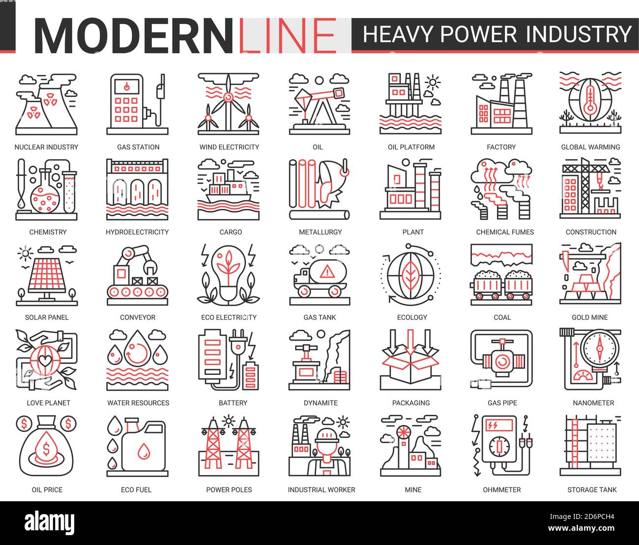 Schwerkraftindustrie komplexes Konzept dünne rote schwarze Linie Symbol Vektor-Set mit Umriss Infografik industrielle Fertigung Symbole der Metallurgie, chemische Anlage und Fabrik, Stromproduktion Stock Vektor