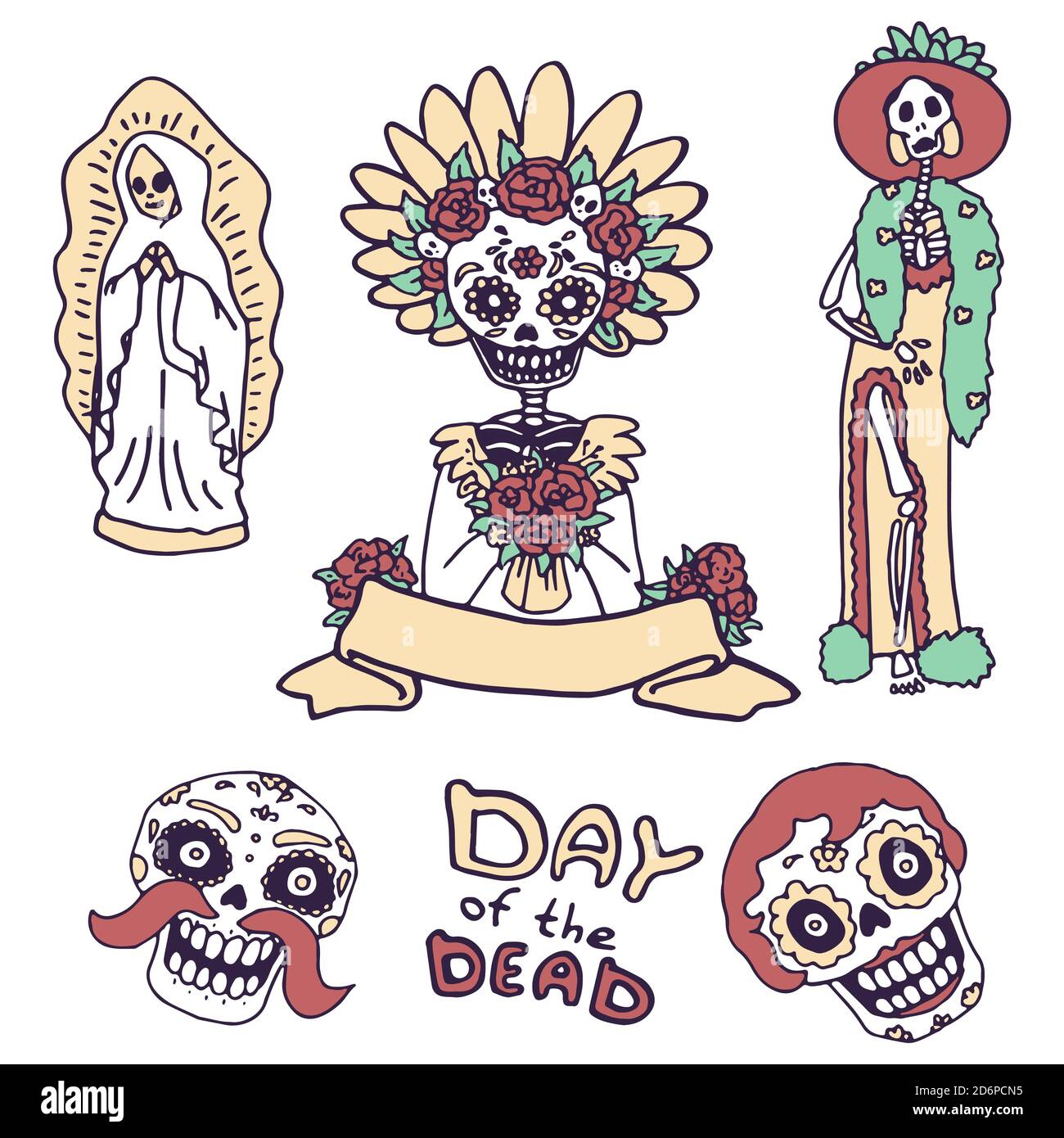 Calavera Schädel Symbol auf weißem Hintergrund isoliert gesetzt. Santa muerte für Einladung oder Geschenkkarte, Notizbuch, Badetuch, Sammelalbum. Telefontasche oder Tuch prin Stock Vektor