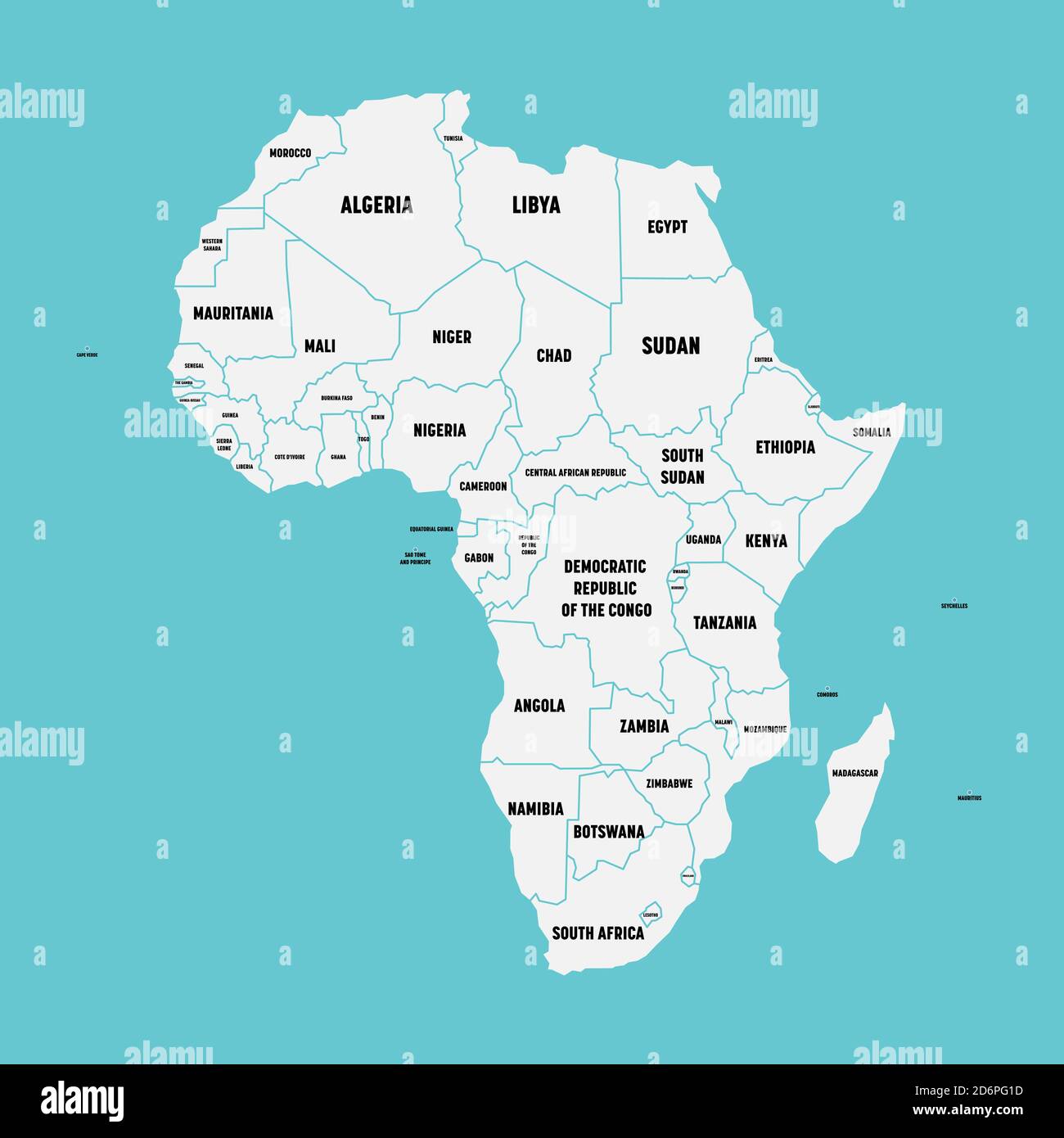 Einfache flache Karte des afrikanischen Kontinents mit Landesgrenzen und Ländernamen auf blauem Hintergrund. Vektorgrafik. Stock Vektor