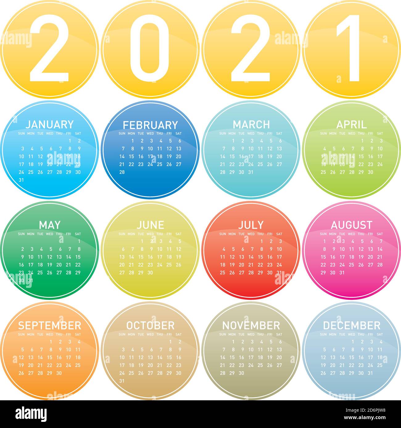 Bunte Kreise Kalender für Jahr 2021, in Vektoren Stock Vektor