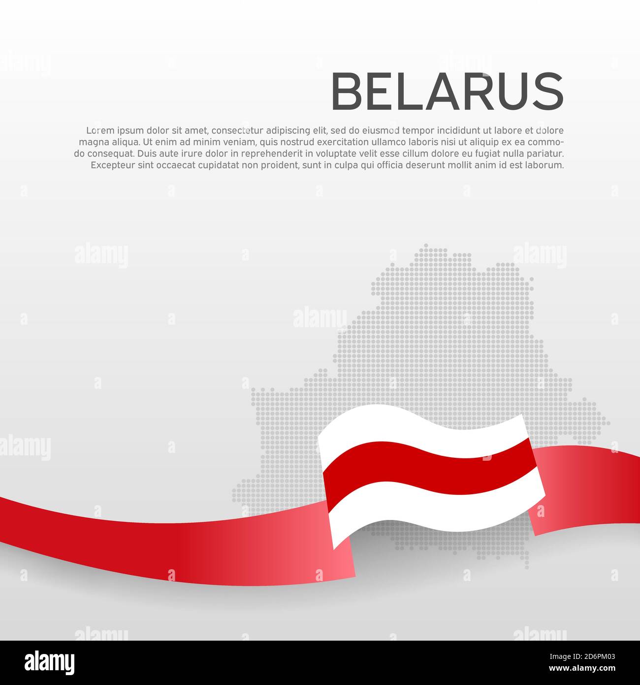 Weißrussland gewellte Flagge und Mosaikkarte auf weißem Hintergrund. Das gewellte Band in den Farben der Flagge Weißrussland. Nationales Plakat. Vektordesign. State belarusi Stock Vektor