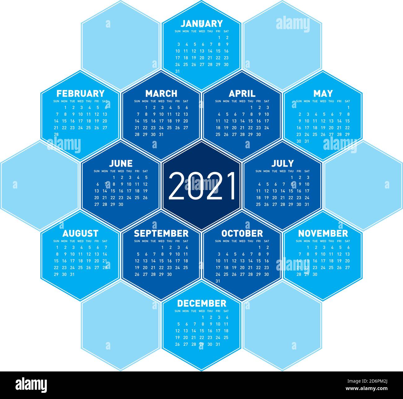 Blauer Kalender für das Jahr 2021 in einem sechseckigen Muster. Im Vektorformat. Stock Vektor