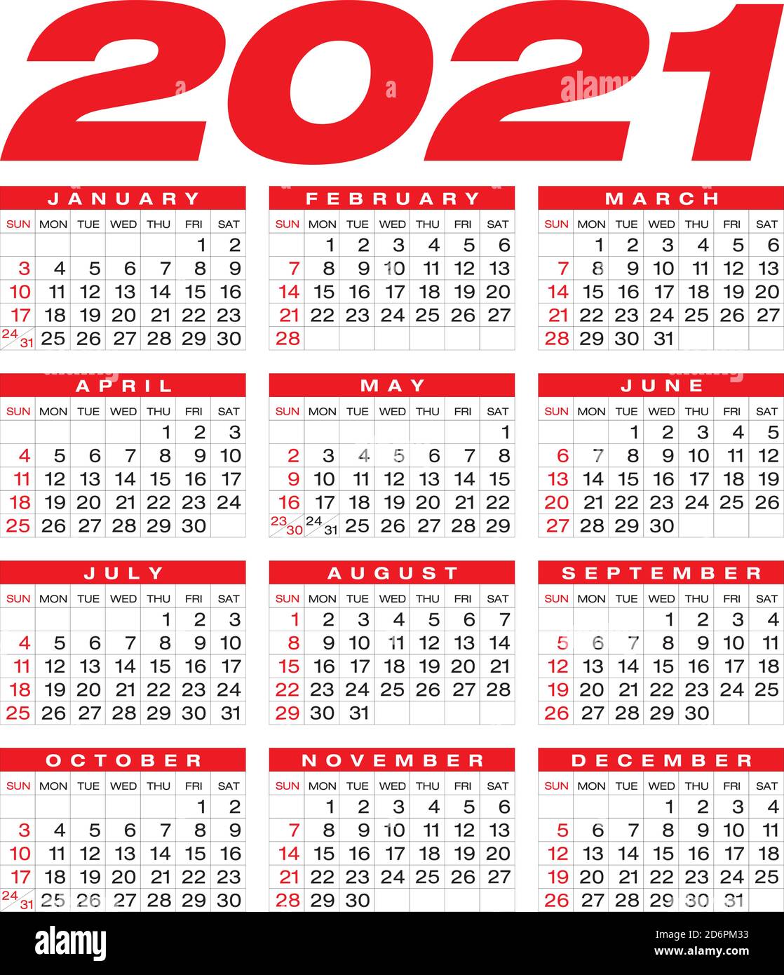 Kalender für das Jahr 2021 im Vektorformat. Stock Vektor