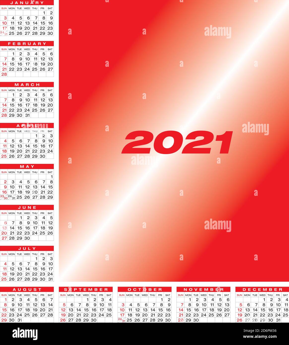 Kalender für das Jahr 2021 im Vektorformat. Stock Vektor