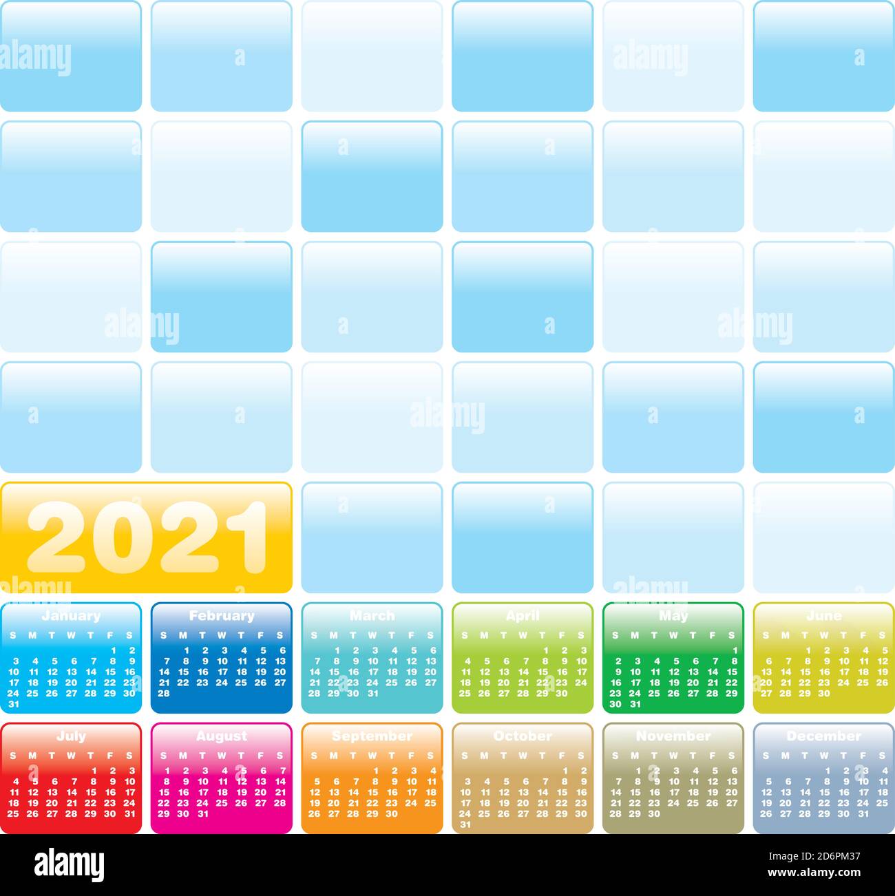 Farbenfroher Kalender für das Jahr 2021 im Vektorformat. Stock Vektor